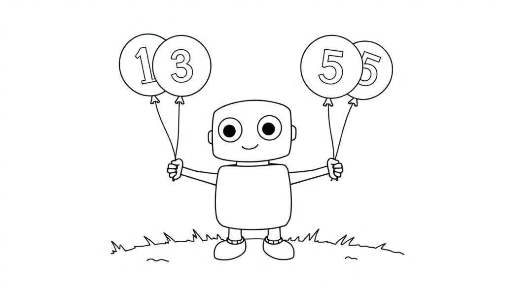 A cute robot friend holding balloons in a color panel, ready for coloring!