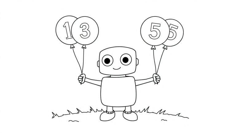 A cute robot friend holding balloons in a color panel, ready for coloring!