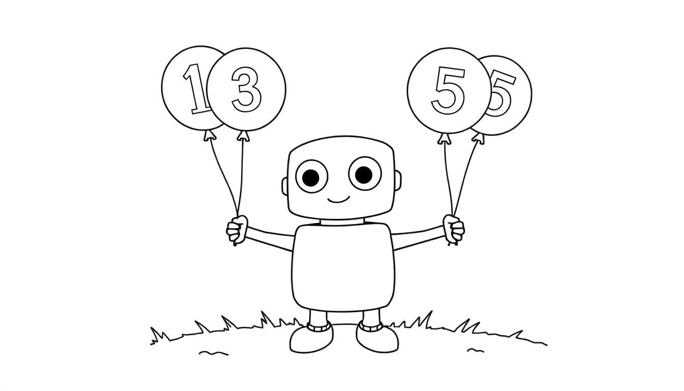 A cute robot friend holding balloons in a color panel, ready for coloring!