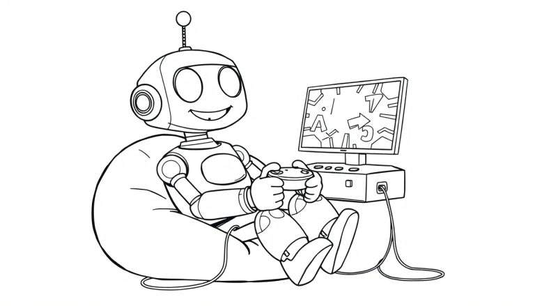 A friendly cartoon robot sits in a beanbag chair, playing a video game. This black and white color panel is ready for your imaginative touches!