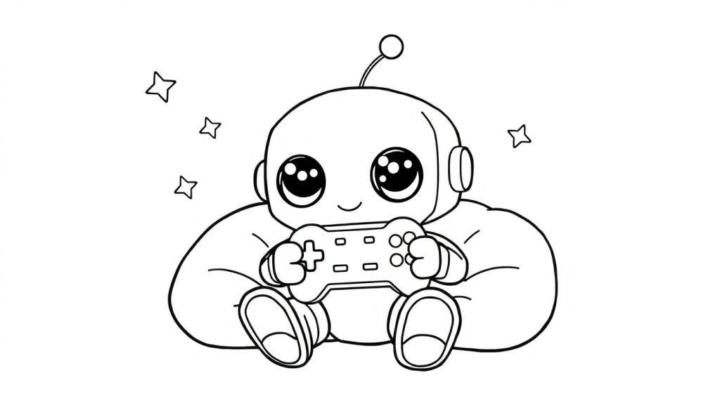 A cute robot with big eyes and an antenna sits and plays a video game with a controller, with stars around it, a black and white coloring panel.