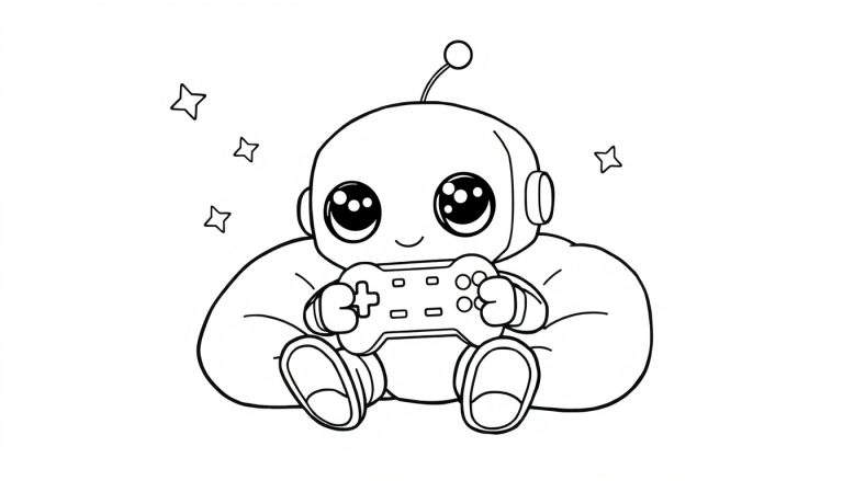 A cute robot with big eyes and an antenna sits and plays a video game with a controller, with stars around it, a black and white coloring panel.