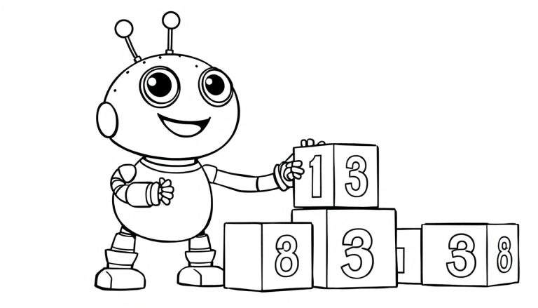 A cute cartoon robot with big eyes stands next to a stack of number blocks, ready for coloring in this black and white color panel.
