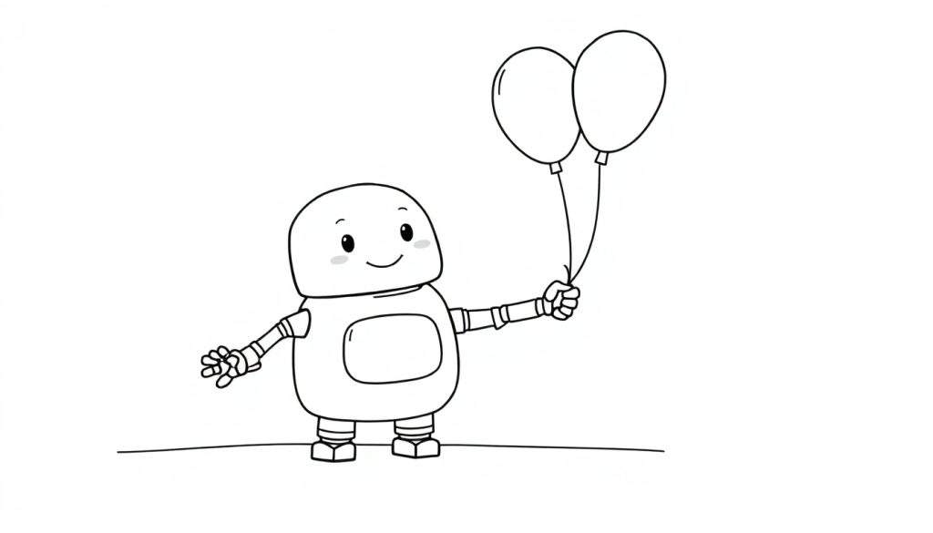 A friendly cartoon robot with a round head, smiling face, and a central color panel is holding two balloons.
