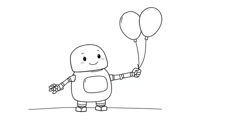 A friendly cartoon robot with a round head, smiling face, and a central color panel is holding two balloons.