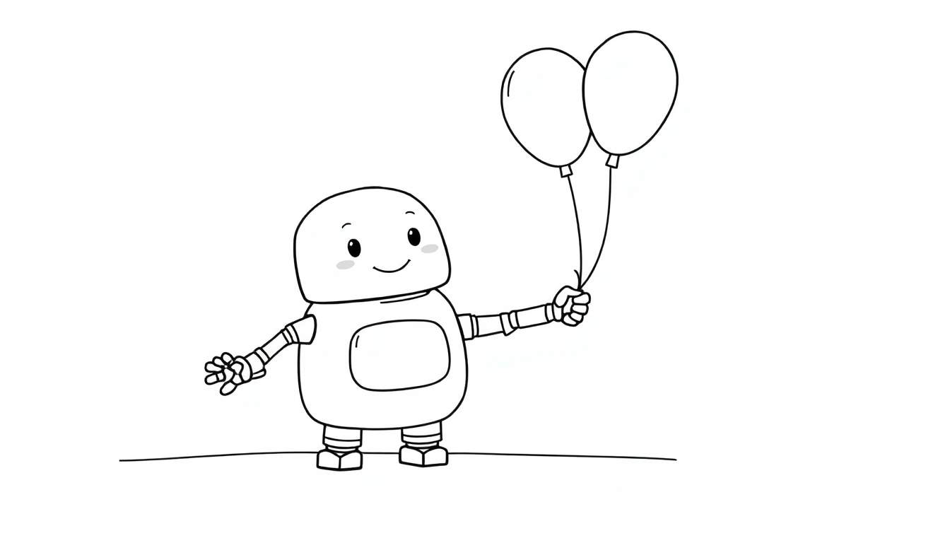 A friendly cartoon robot with a round head, smiling face, and a central color panel is holding two balloons.