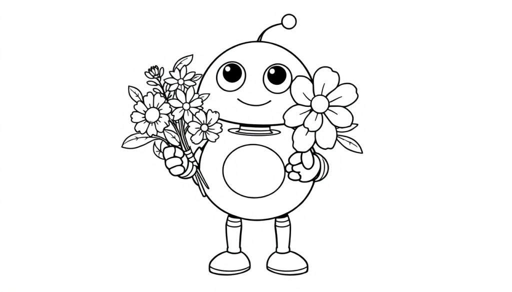 A cute cartoon robot with big, friendly eyes, holding a bouquet of flowers, ready for a color panel adventure.