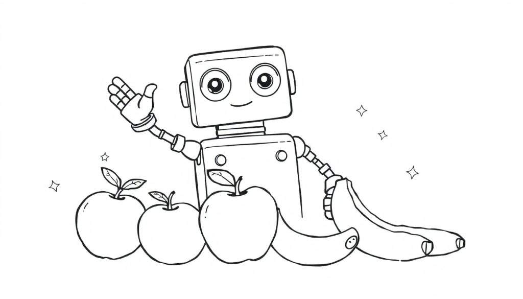 A black and white cartoon robot waves hello next to a pile of fruit and stars, ready for a coloring panel.
