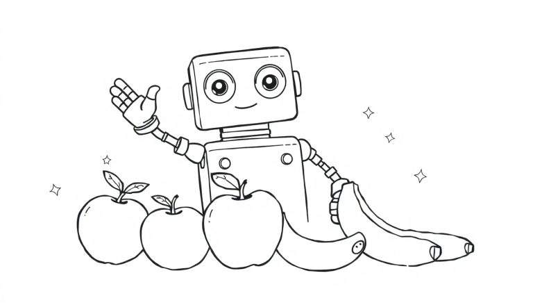 A black and white cartoon robot waves hello next to a pile of fruit and stars, ready for a coloring panel.