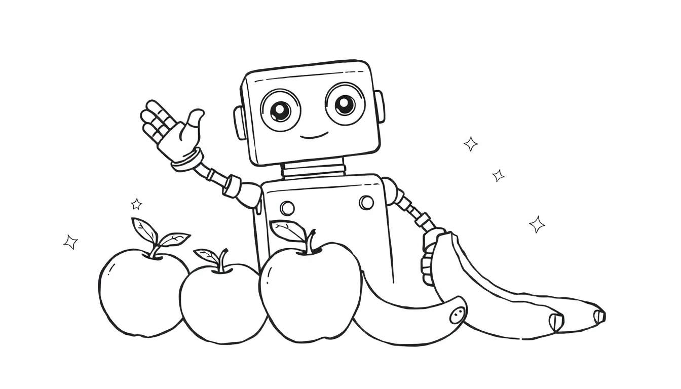 A black and white cartoon robot waves hello next to a pile of fruit and stars, ready for a coloring panel.