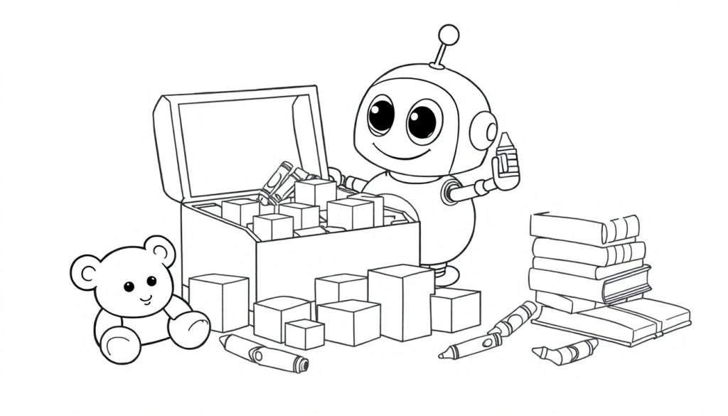 A smiling robot coloring a picture, with toys and a color panel.