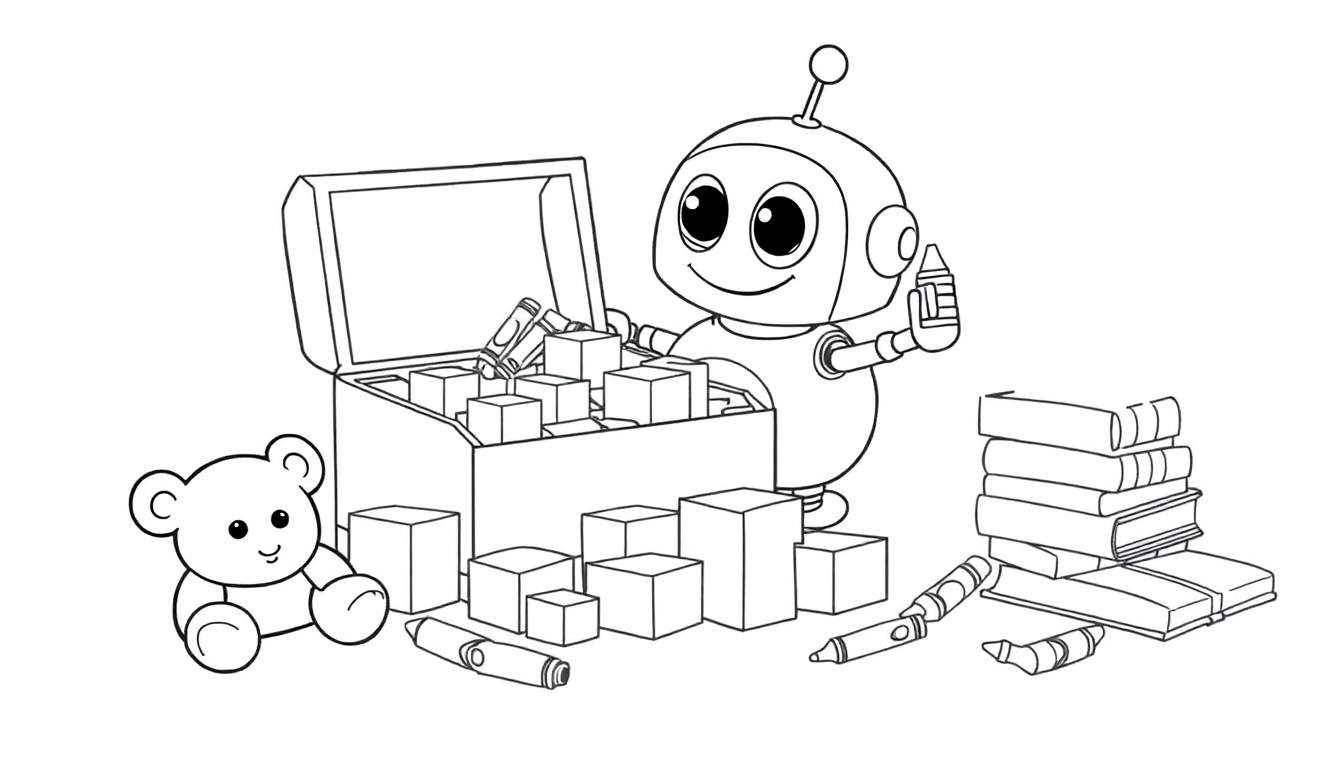 A smiling robot coloring a picture, with toys and a color panel.