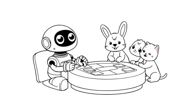A cute robot playing a board game with a rabbit and two kittens, a black and white color panel for coloring.