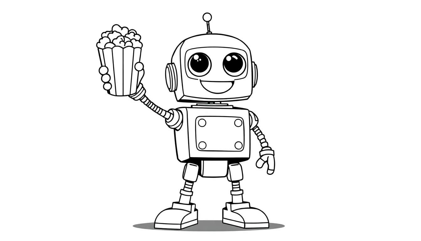 A black and white outline of a cute cartoon robot holding a popcorn bucket, ready for movie time. This color panel is perfect for kids to color!