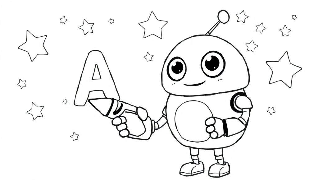 Cute robot holding a crayon with 'A' on it, surrounded by stars, a fun color panel.