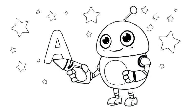 Cute robot holding a crayon with 'A' on it, surrounded by stars, a fun color panel.