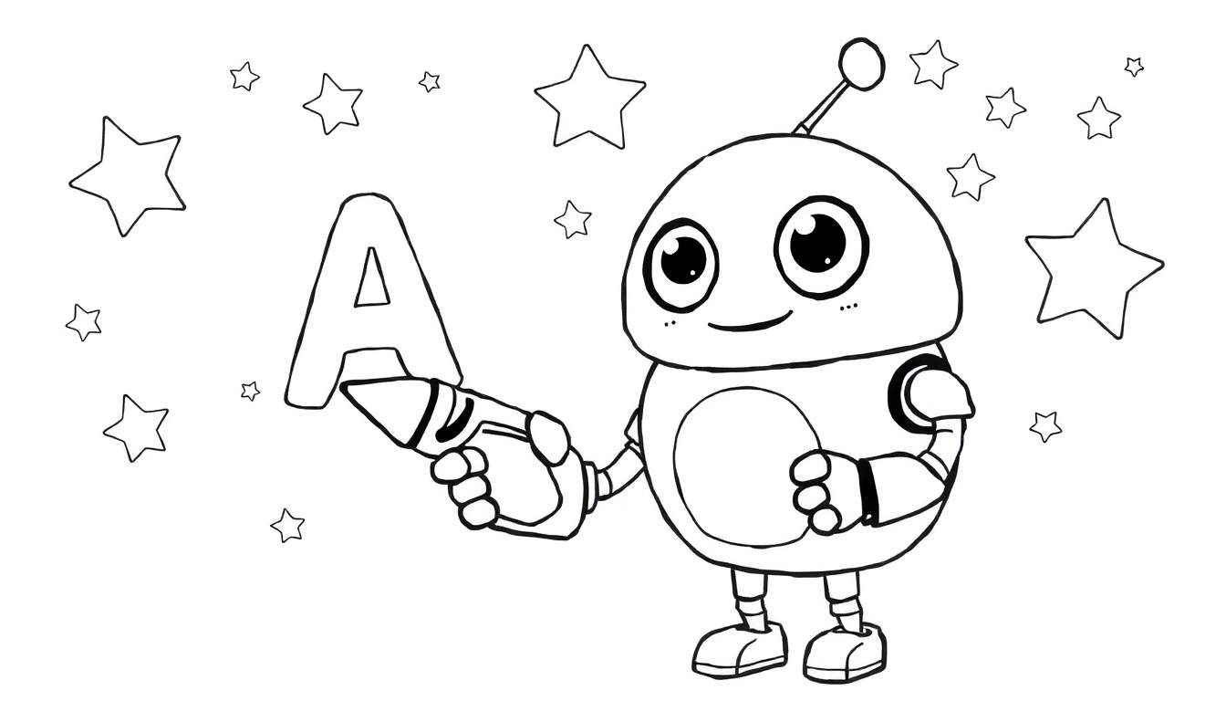Cute robot holding a crayon with 'A' on it, surrounded by stars, a fun color panel.