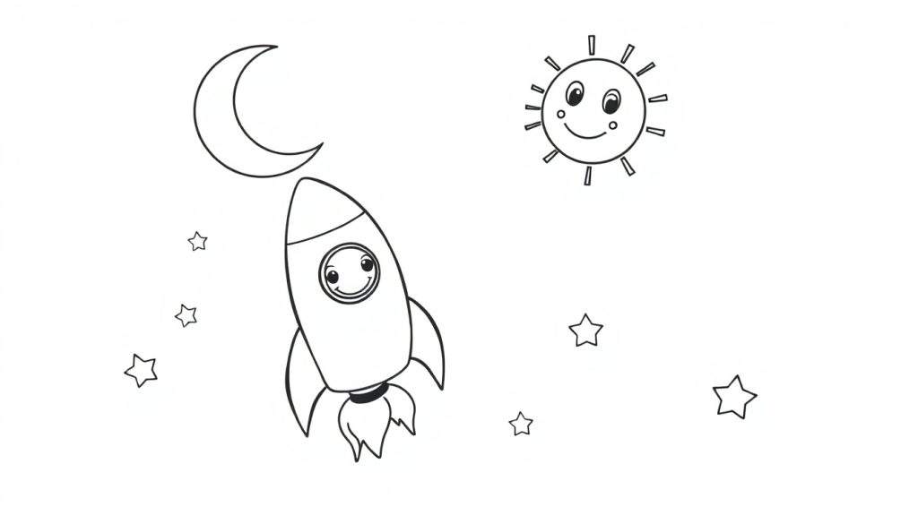A cute cartoon rocket with a smiling face is ready for adventure in this black and white color panel.