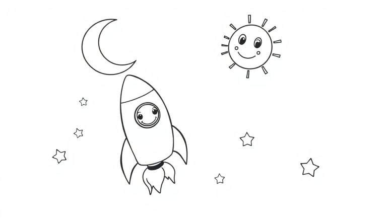 A cute cartoon rocket with a smiling face is ready for adventure in this black and white color panel.