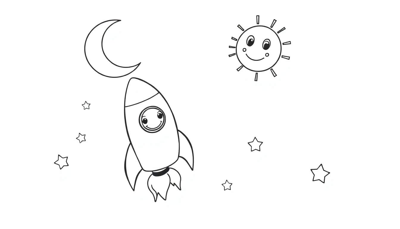 A cute cartoon rocket with a smiling face is ready for adventure in this black and white color panel.