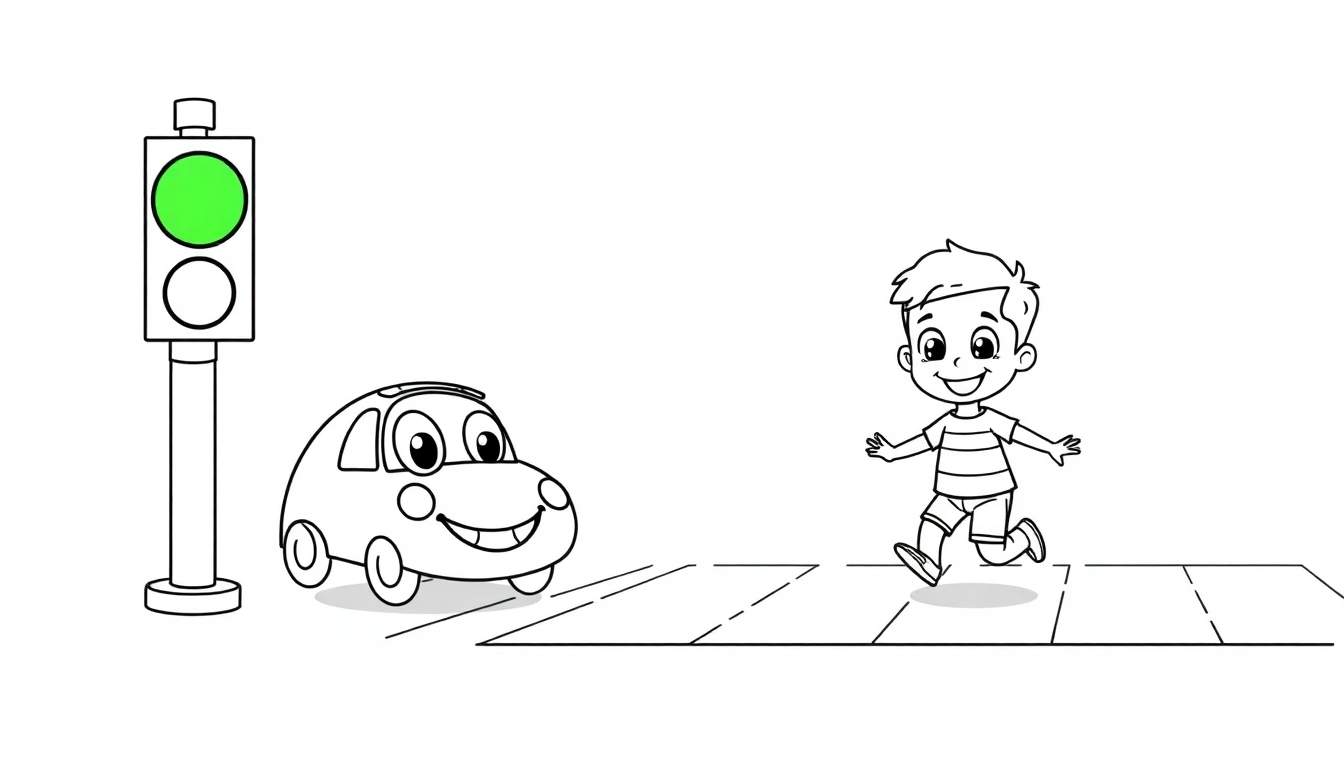 A black and white coloring page showing a friendly traffic light, a happy little car, and a child safely crossing the street on a pedestrian crossing. This is a fun color panel for kids.