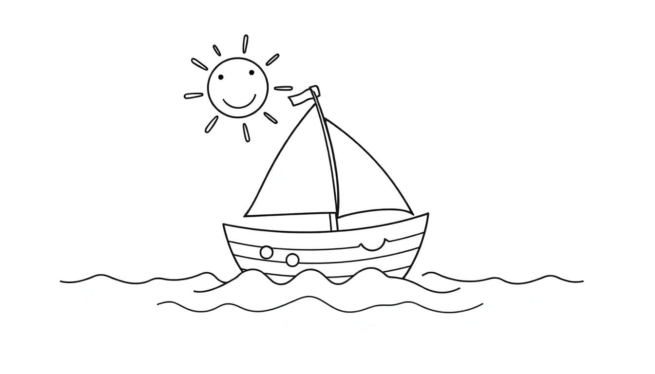 A cute sailboat color panel with a happy sun and friendly waves.