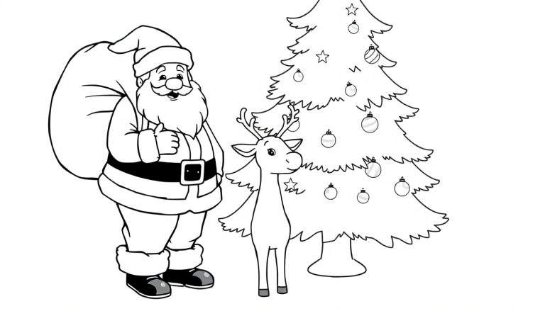 A jolly Santa Claus gives a thumbs-up next to a reindeer under a Christmas tree, a black and white color panel for kids.
