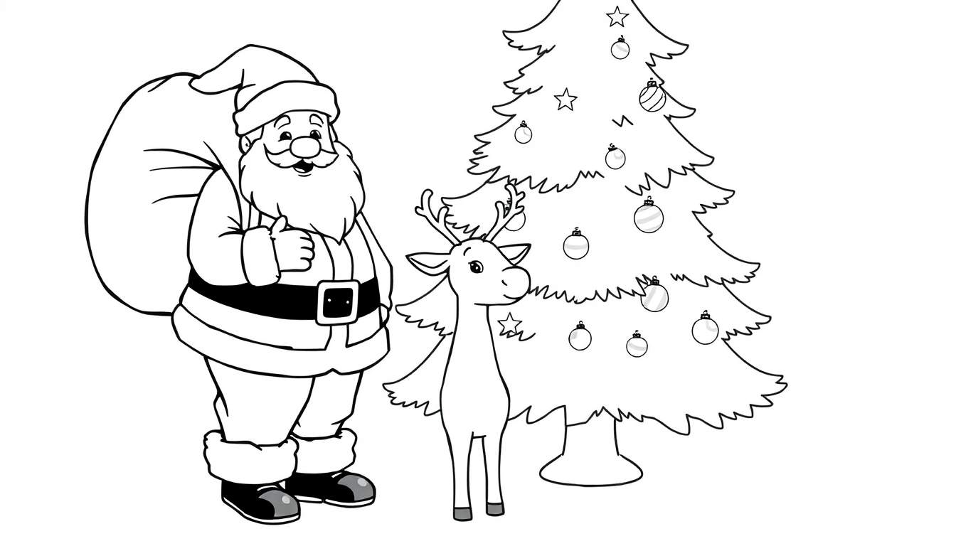 A jolly Santa Claus gives a thumbs-up next to a reindeer under a Christmas tree, a black and white color panel for kids.