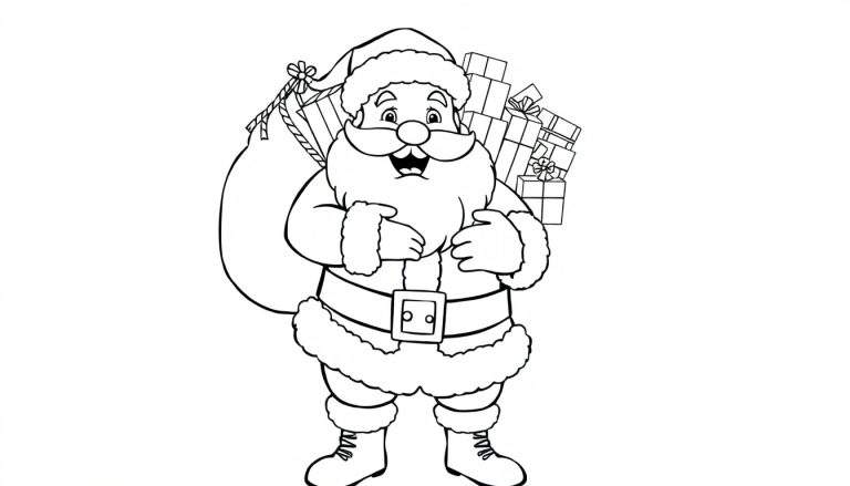 A jolly Santa Claus in a black and white color panel, ready to be colored.