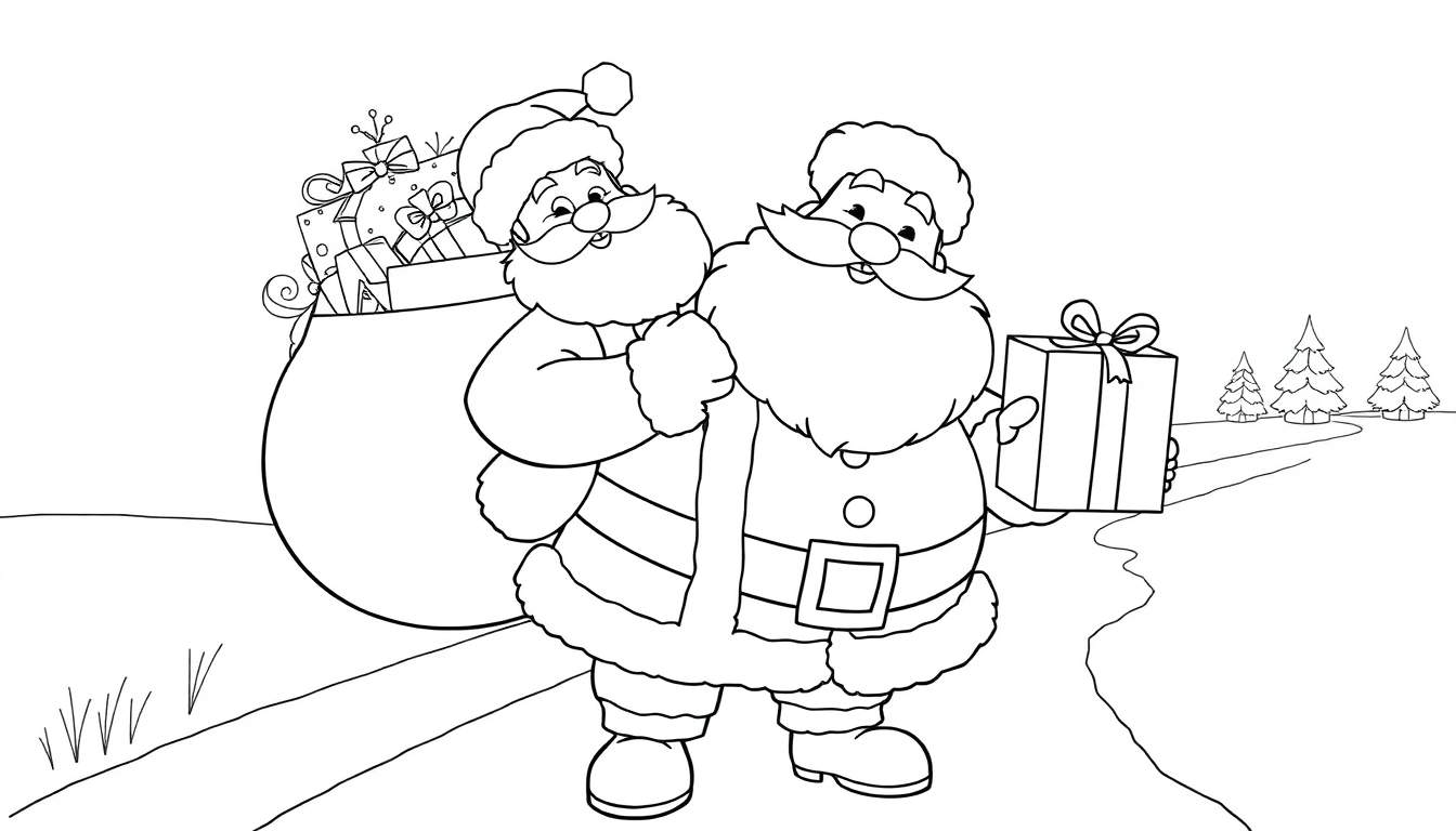 A black and white color panel of two Santas with gift sacks and trees.