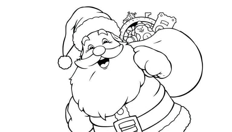 A jolly Santa Claus, ready for a color panel, with a sack overflowing with toys.