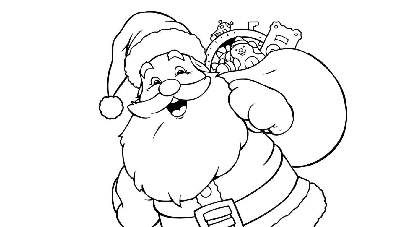 A jolly Santa Claus, ready for a color panel, with a sack overflowing with toys.