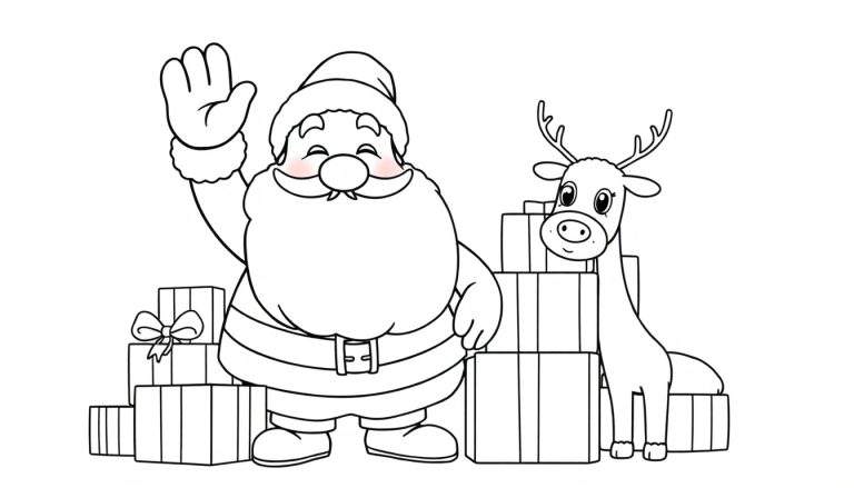 A coloring panel with Santa Claus and a reindeer smiling next to a pile of presents. Santa is waving hello.