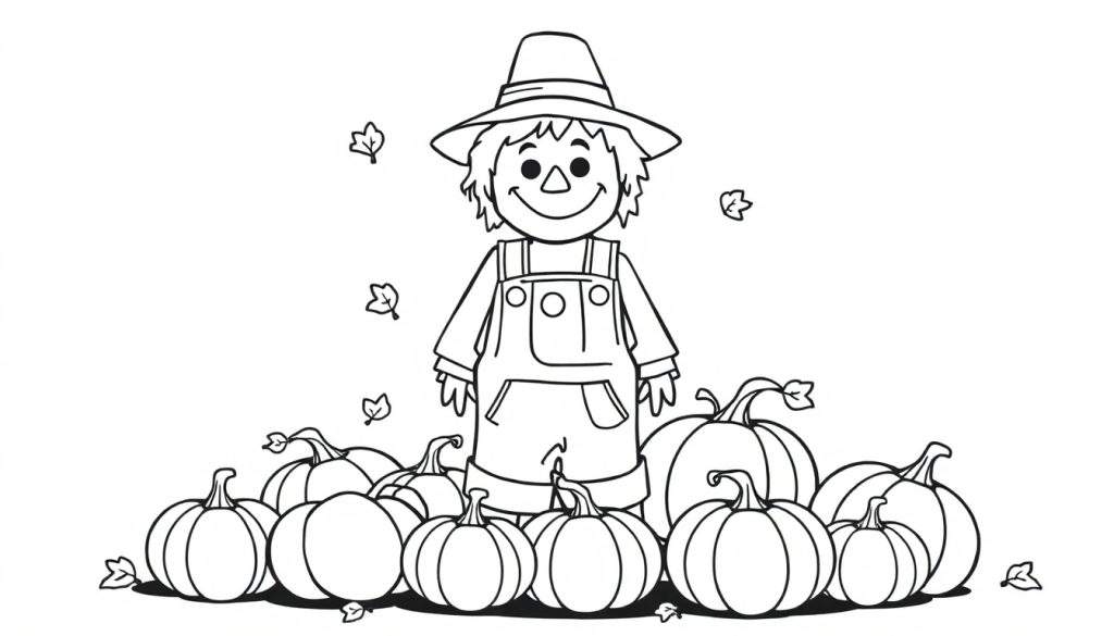 A cute color panel of a friendly scarecrow in a pumpkin patch with falling leaves.