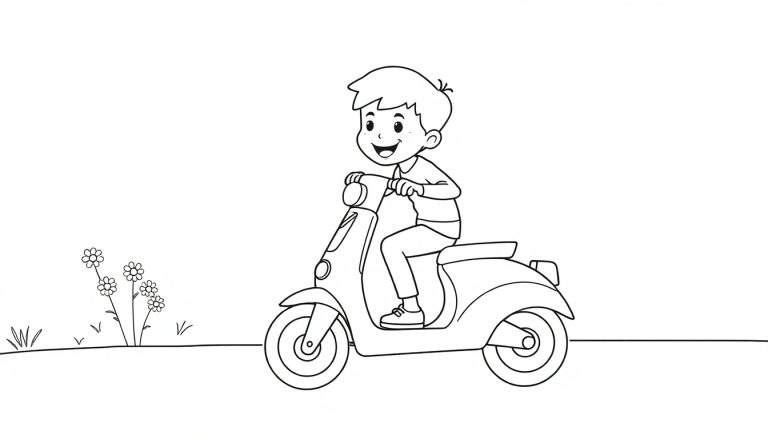 A black and white illustration of a joyful boy riding a scooter, ready for a color panel.