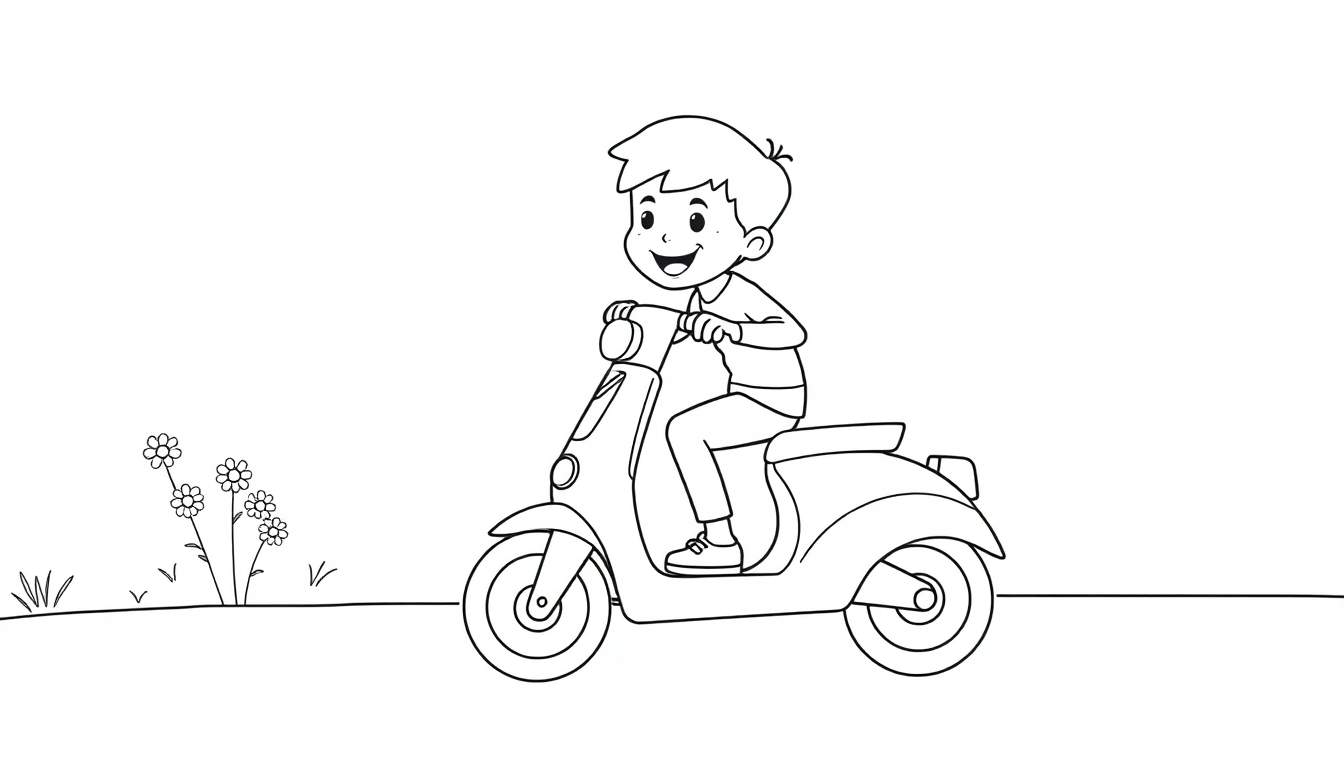 A black and white illustration of a joyful boy riding a scooter, ready for a color panel.