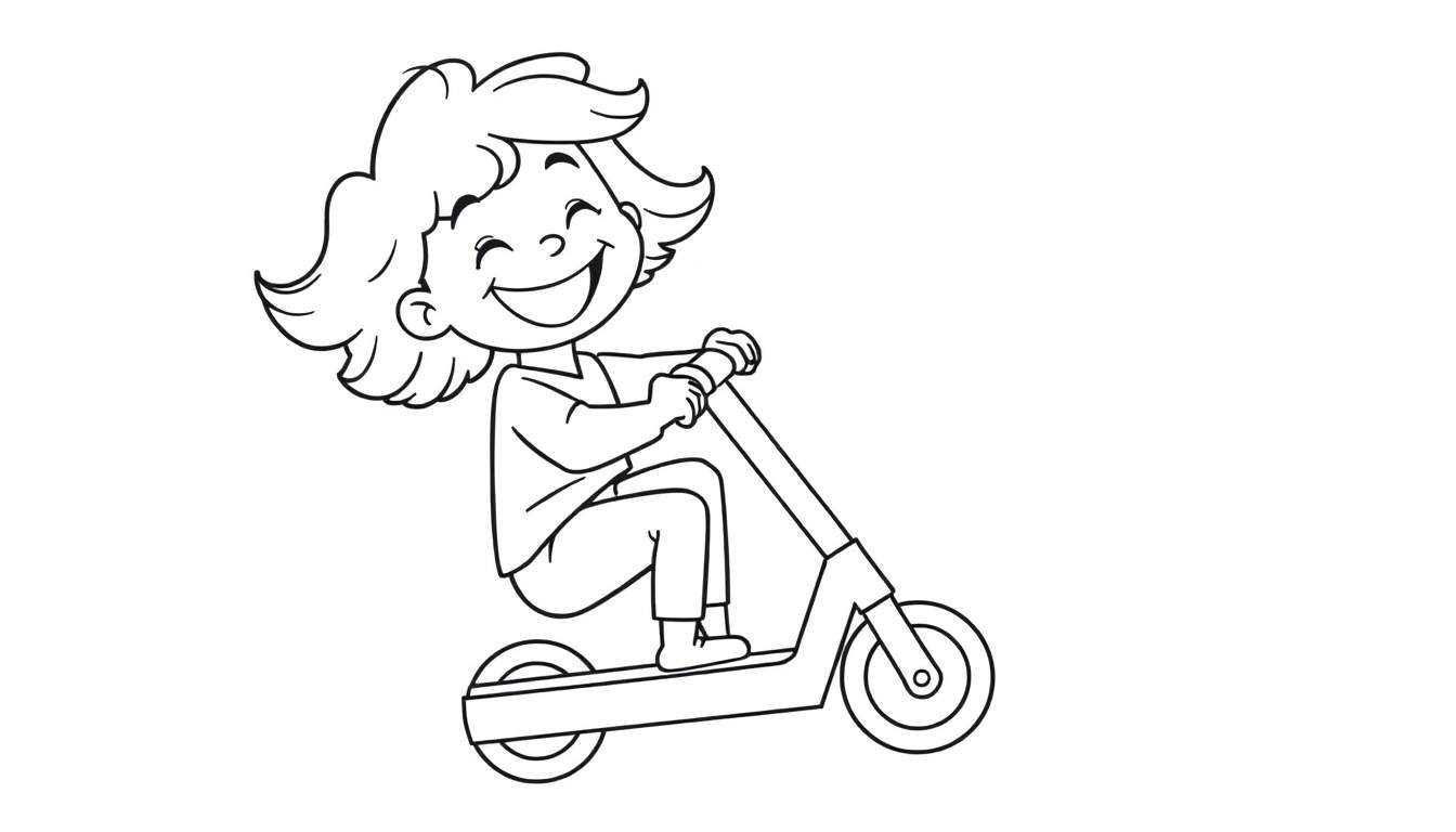 A happy cartoon girl with curly hair riding a scooter, ready for a black and white color panel adventure.