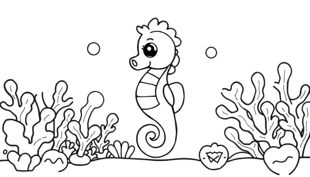 A cute seahorse coloring panel, facing left, with large eyes, surrounded by coral and seaweed, with two bubbles above. Black and white outline for coloring.