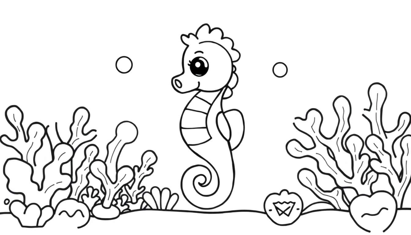 A cute seahorse coloring panel, facing left, with large eyes, surrounded by coral and seaweed, with two bubbles above. Black and white outline for coloring.