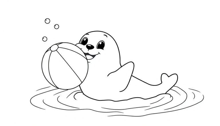 A happy baby seal balancing a ball on its nose in the water, ready for a color panel adventure.