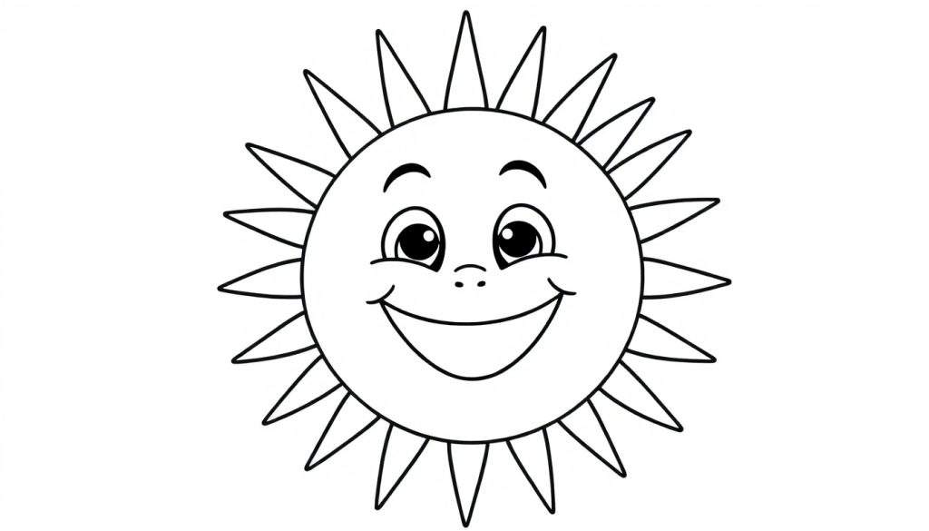 A black and white cartoon color panel of a smiling sun with spiky rays.