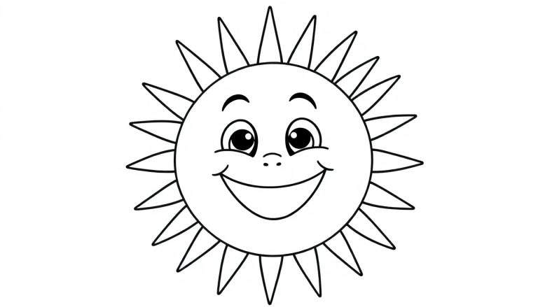 A black and white cartoon color panel of a smiling sun with spiky rays.