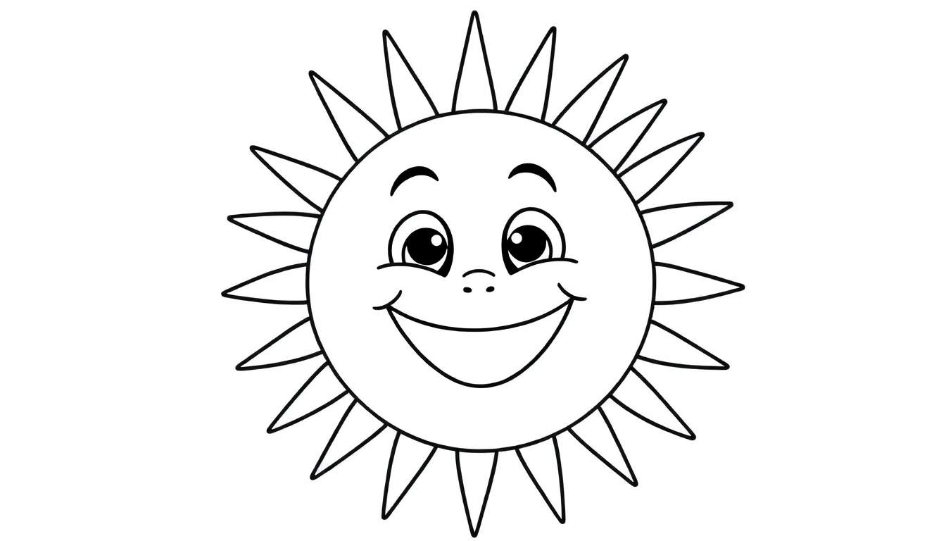 A black and white cartoon color panel of a smiling sun with spiky rays.