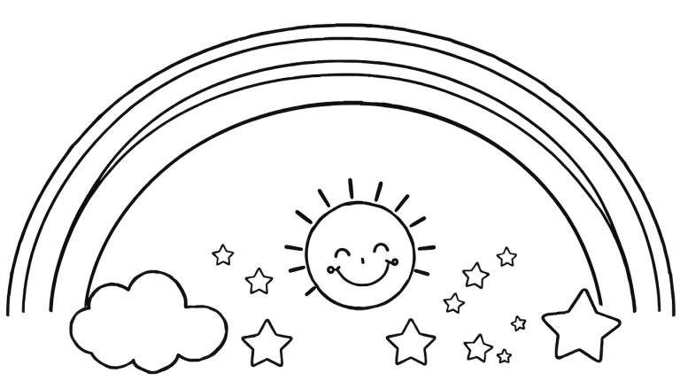 A whimsical black and white color panel illustration of a rainbow, a puffy cloud, a smiling sun, and stars.