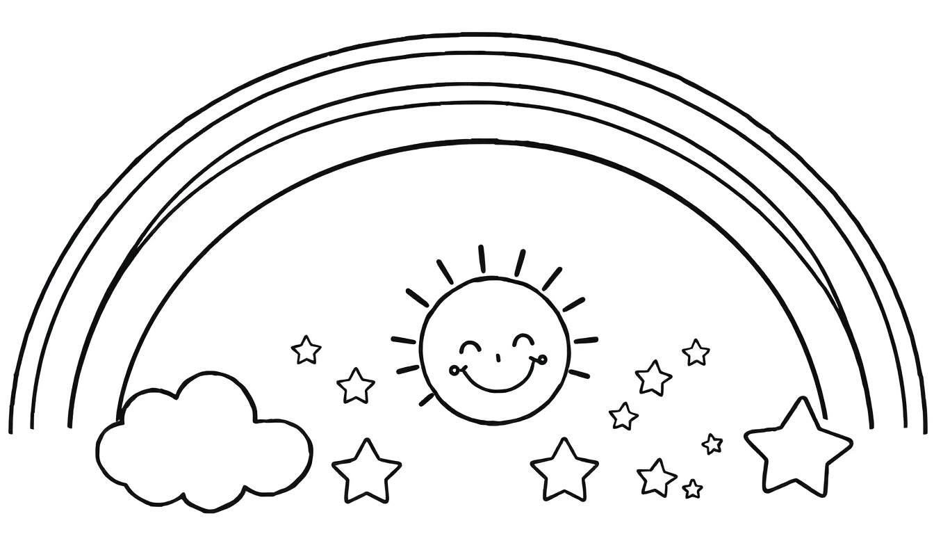 A whimsical black and white color panel illustration of a rainbow, a puffy cloud, a smiling sun, and stars.