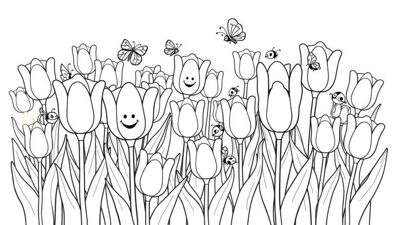 A cheerful black and white color panel of smiling tulips and flying butterflies.