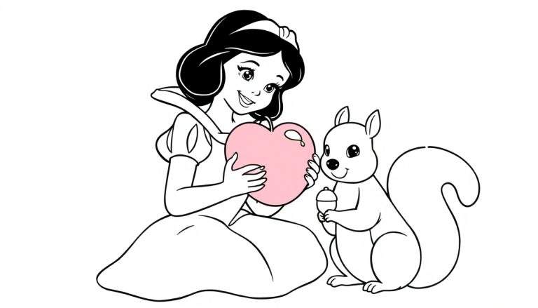 A black and white coloring page of Snow White holding a heart-shaped apple, with a squirrel friend nearby, ready for color.