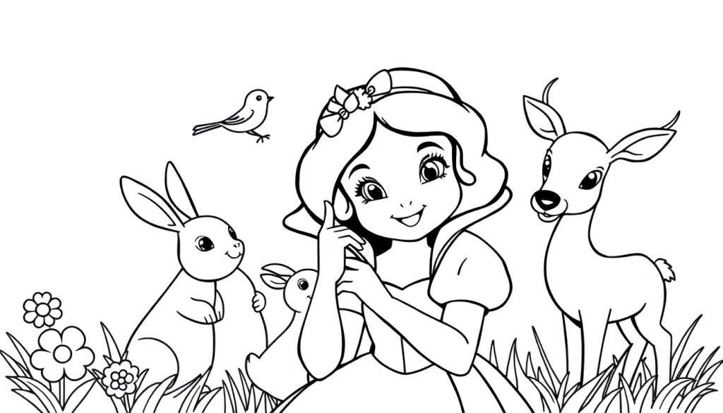 A black and white color panel illustration of Snow White with forest animals, ready for coloring.