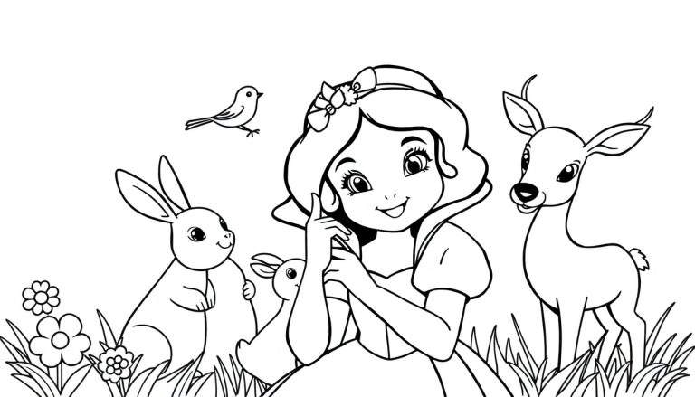 A black and white color panel illustration of Snow White with forest animals, ready for coloring.
