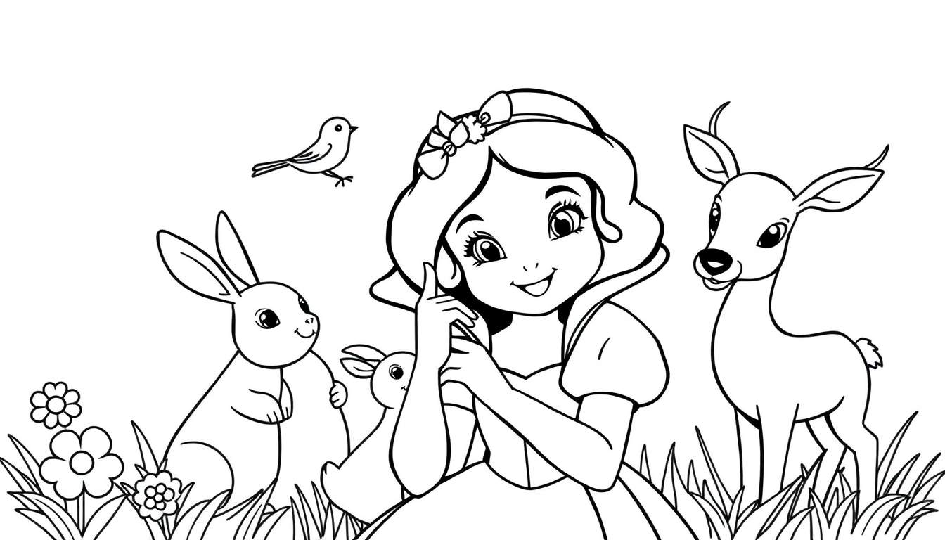 A black and white color panel illustration of Snow White with forest animals, ready for coloring.